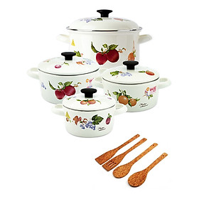 Bộ 4 Nồi Tráng Men Nhật Bản Cao Cấp Sử Dụng Bếp Từ Fujihoro FRV-4 ( 16cm, 18cm, 20cm, 22cm), hoa văn trái cây, tặng bộ 4 sạn dừa