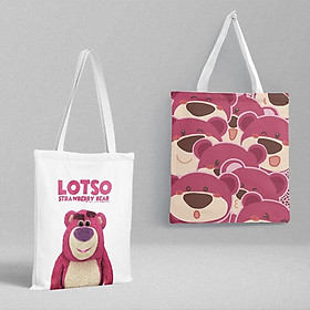 Túi tote vải canvas có dây kéo in hai mặt gấu dâu Lotso siêu xinh - Túi vải canvas gấu dâu Lotso in hai mặt có dây kéo