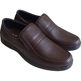 Giày tây nam Trường Hải da bò thật mềm mại không bong tróc không dây mũi tròn màu nâu đế cao su không trơn GT0423