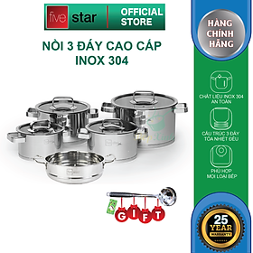 Combo Bộ nồi inox 304 và xửng hấp cao cấp  Fivestar Plus 5 món nắp kính ( 1nồi 16cm x1nồi 18cm x1nồi 20cm x1nồi 24cm x 1thân xửng 24cm) , tặng 1 vá canh 