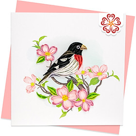 Chim tước mỏ lớn ngực đỏ và hoa thù du hồng - Thiệp giấy xoắn 15 x 15 cm 