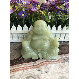 Tượng Phật Di Lặc ngồi cầm hồ lô và thỏi vàng ngân lượng kim nguyên bảo cầu tài lộc đá ngọc Onyx - Dài 15 cm