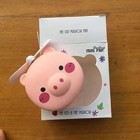 Gương Mini cầm tay ngộ nghĩnh có đèn Led kèm Quạt Hình Heo Hồng