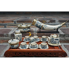 Bộ ấm trà Bát Tràng men rạn cổ dáng tích vuông bọc đồng chọn bộ