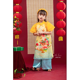 Áo dài cách tân bé gái, Set áo dài tết cho bé 1-10 tuổi màu vàng in hoa vải tơ hàng thiết kế điệu đà thời trang