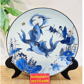 Mua -Đĩa Cảnh Men Lam Họa Tiết Lí Ngư-Mỹ Nghệ Bảo Khánh-Đĩa Trang Trí 35cm.