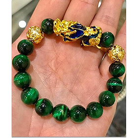 Vòng tay phong thủy đá mắt hổ xanh lá MU343 Tỳ hưu vàng đổi màu mix hạt kim tiền