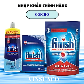 Combo 80 Viên rửa chén Finish all in 1 max + Muối Finish 1.5kg + Nước làm