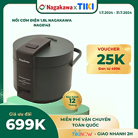 Nồi cơm điện Nagakawa NAG0143 - Dung tích 1.8L - Bảo hành 12 tháng - Hàng chính hãng