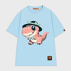 Áo thun tay lỡ unisex áo phông trơn nam nữ hoạt hình khủng long đội nón vui nhộn
