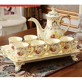 Mua Bộ bình trà sứ phong cách hoàng gia cổ điển màu trắng ngà họa tiết hoa hồng