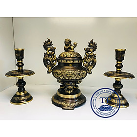 Mua Bộ tam ngũ sự đỉnh song long chầu nguyệt cao 37cm màu hun giả cổ bằng đồng nguyên chất KH56599