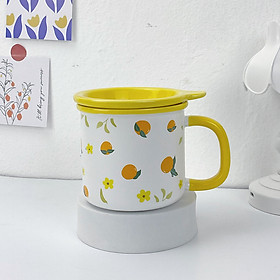 Ly cốc sứ tráng men nắp trũng họa tiết Fruit Hoa lá 350ml xinh xắn