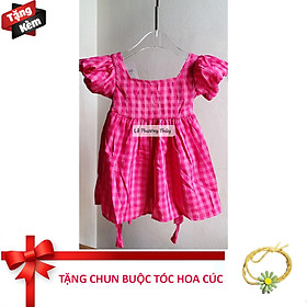 ĐẦM HỒNG CARO TAY BỒNG CHO BÉ GÁI-KÈM BUỘC TÓC HOA CÚC DỄ THƯƠNG