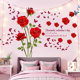 Tranh dán tường, decal dán tường hoa hồng đỏ và pha lê tím