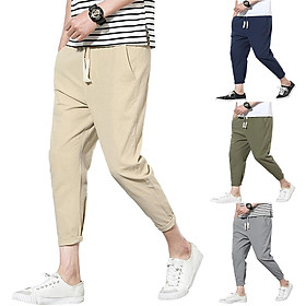 Men Ninth Pants Cotton Linen Drawstring Casual Sports Trousers for Adluts