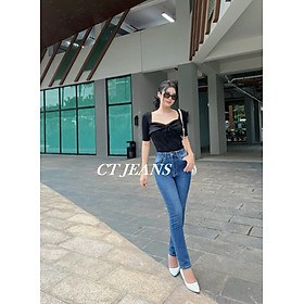Quần Jeans Nữ Ống Đứng Cạp Cao Co Giãn Trơn Gấu Thường CT Jeans