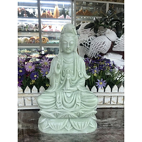 Tượng Phật Bà Quan Thế Âm Bồ Tát ngồi đài sen cầu bình an đá cẩm thạch trắng xanh - Cao 30 cm