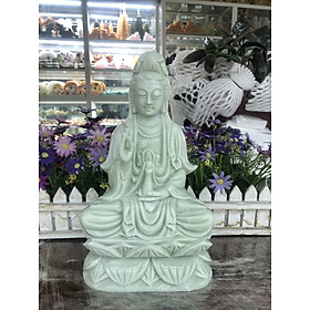 Mua Tượng Phật Bà Quan Thế Âm Bồ Tát ngồi đài sen cầu bình an đá cẩm thạch trắng xanh - Cao 30 cm