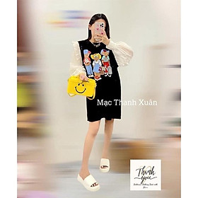 Đầm Thun Nữ 3 Gấu Phối Tay Phồng Hot, Thun Cotton Co Giãn Thoải Mái