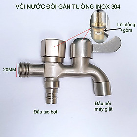 Vòi nước đôi bằng inox 304 gắn tường G03B với 01 đầu vào 2 đầu ra (đầu vào DN15 lắp cho ống D21)