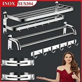 Bộ 5 Món Phụ Kiện Phòng Tắm INOX 304 cao cấp, Giá treo khăn tắm, Kệ góc, Thanh vắt khăn nhà tắm, Móc treo quần áo - Dán tường hoặc khoan