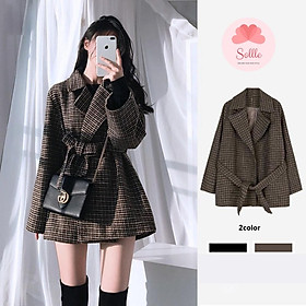 Áo khoác kiểu nữ dạ kẻ caro cổ vest 2 lớp dày ấm kèm đai thắt nơ phong cách Hàn Quốc Sollle