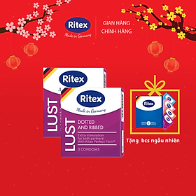 Bộ 02 hộp bao cao su RITEX LUST, gân gai đan xen, hộp 3 chiếc