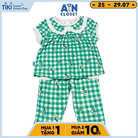 Bộ quần dài áo tay ngắn họa tiết Hoa Caro xanh lá thun cotton