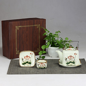 Mua Bộ ấm chén men kem vuông quai đồng vẽ hoa sen đỏ gốm sứ Bát Tràng (bộ bình uống trà  bình trà)