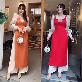 Sét bộ áo dài cách tân tay voan lưới cổ vuông phối quần ống rộng Cao Cấp