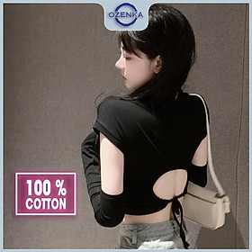 Áo croptop hở lưng cộc tay cổ lọ nữ ozenka , áo crt ôm body thun cotton màu đen trắng dưới 55 cân