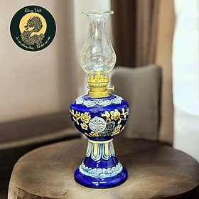 Đèn Dầu Gốm Bát Tràng Men Xanh Rồng Việt - Cao 26cm & 28cm, Đắp Nổi Đào Thọ Cao Cấp(cả bóng đèn)