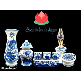 Mua Bộ đồ thờ sứ bát tràng men xanh lam hoa sen(lọ hoa ống đựng hương)