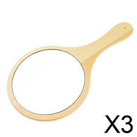 3xPortable Round Wooden Handheld Beauty Makeup Hand Mirror with Hanging Handle
