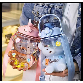 Bình nước hình con gấu dễ thương dung tích 1 lít có kèm dây đeo có tặng kèm sticker 2d và 3d