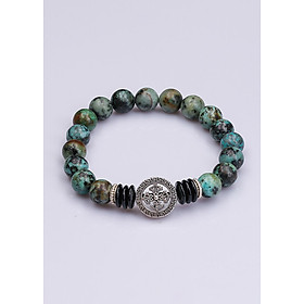 Vòng tay phong thủy Ngọc lam 8 ly mix Charm Bánh Xe Luân Hồi by ANQLO LUSSO