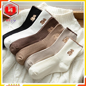 Tất Nữ Cổ Cao, Set 5 Đôi, Tất Cao Cổ Nữ, Hoạ Tiết Gấu, Chất Liệu Cotton Dày Dặn, Phong Cách Hàn Quốc