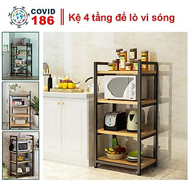 Kệ để lò vi sóng 4 tầng đa năng đựng dụng cụ nhà bếp, kệ để đồ bếp 4 tầng khung thép sàn gỗ