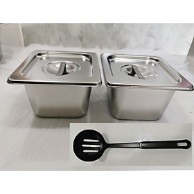 Mua Khay inox GN 1/6 EAST đựng topping /cháo dinh dưỡng. Bộ 2 cái có nắp TẶNG 1 vá vớt lẩu Đen