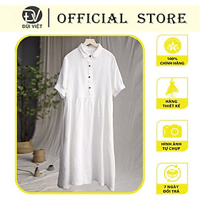 Đầm Linen nữ cổ sơ mi cộc tay Đũi Việt, Váy sơ mi nữ nhún eo form rộng che khuyết điểm, thiết kế đơn giản phù hợp mặc đi chơi, đi làm