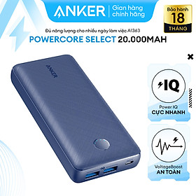 Sạc dự phòng ANKER PowerCore Select 20000mAh với 2 cổng PIQ 2.0 tối đa 18W khi sạc 1 cổng và 5V/3A khi sạc cùng lúc 2 cổng - A1363