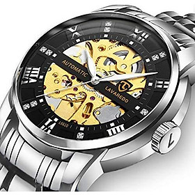 Men’s Watch Luxury Mechanical Stainless Steel Skeleton Waterproof Automatic Self-Winding Rome Number Diamond Dial Wrist Watch