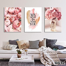 Tranh treo tường canvas 3 bức phong cách hiện đại Bắc Âu 135, tranh lá cây trang trí phòng khách, phòng ngủ, phòng ăn