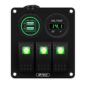 3 Gang Switch Panel  with LED Digital Voltmeter Dual USB Charger Green