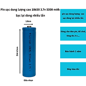 Pin sạc cao cấp cho đèn pin, đồ chơi, sạc dự phòng bộ đàm..v.. Pin sạc 18650 cao cấp 3.7v dung lượng cao 5000mAh - Hàng nhập khẩu