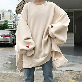 Áo nỉ nữ 1HITSHOP áo tay tim thêu sweater tay bồng nỉ cotton tàu siêu lì dày ấm form rộng Oversize 2 màu be và đen