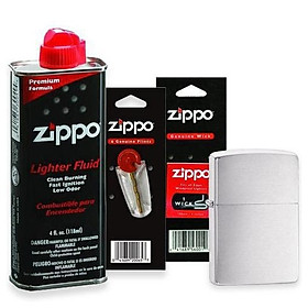 Combo 4 sản phẩm : Bật lửa Zippo Brushed Chrome 200+Xăng+Đá+Bấc