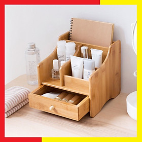 Mua Tủ kệ gỗ Mini đựng Mỹ Phẩm bằng gỗ Tre Tự Nhiên đẹp và chắc chắn Nhiều ngăn có thể đựng các vật dụng khác như điều khiển bút có khay sau lưng đựng Sách hay Vở  Có ngăn kéo tiện dụng - Hộp gỗ Đựng Mỹ phẩm