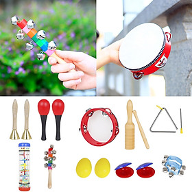 Musical Instruments Toys Set for Kids, 10PCS Wooden Percussion Instruments with Tambourine, Maracas, Castanets More for Boys and Girls.